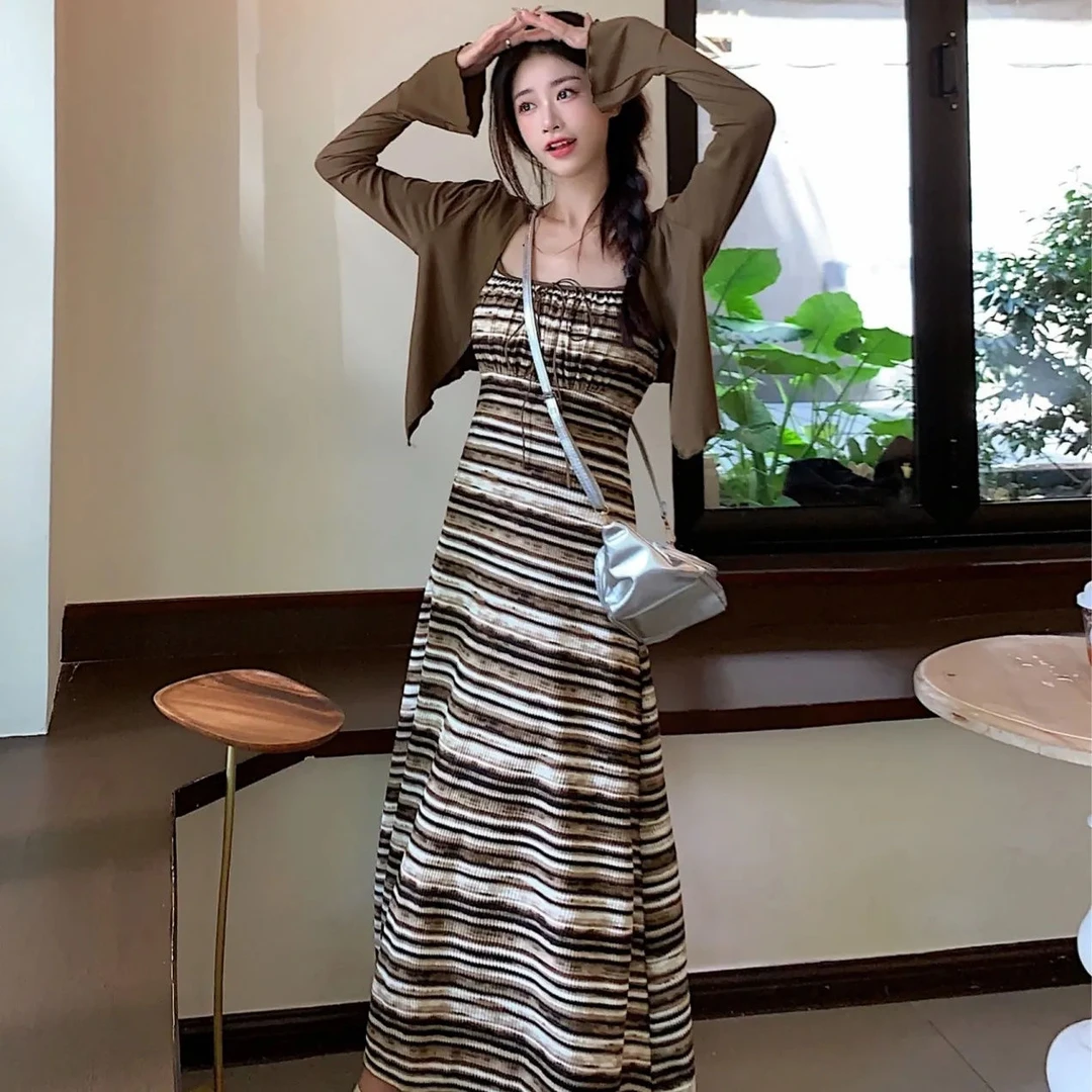春季新款小清新条纹吊带连衣裙开衫长袖套装