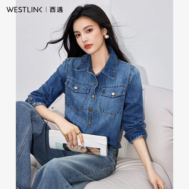 西遇蓝色牛仔衬衫女2025年春季新款复古美式小个子夹克短款外套