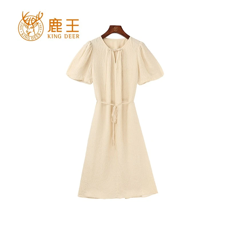 鹿王25春夏新款女圆领100桑蚕丝枫叶冠乐绉系带连衣裙 XN5249