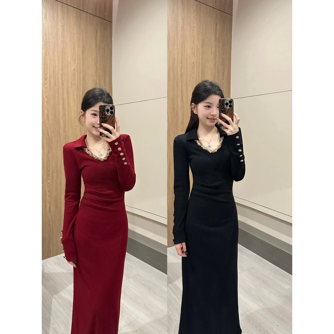 【颂宋】新款冬季黑色设计感重工V领赫本风收腰修身显瘦长裙DT1079