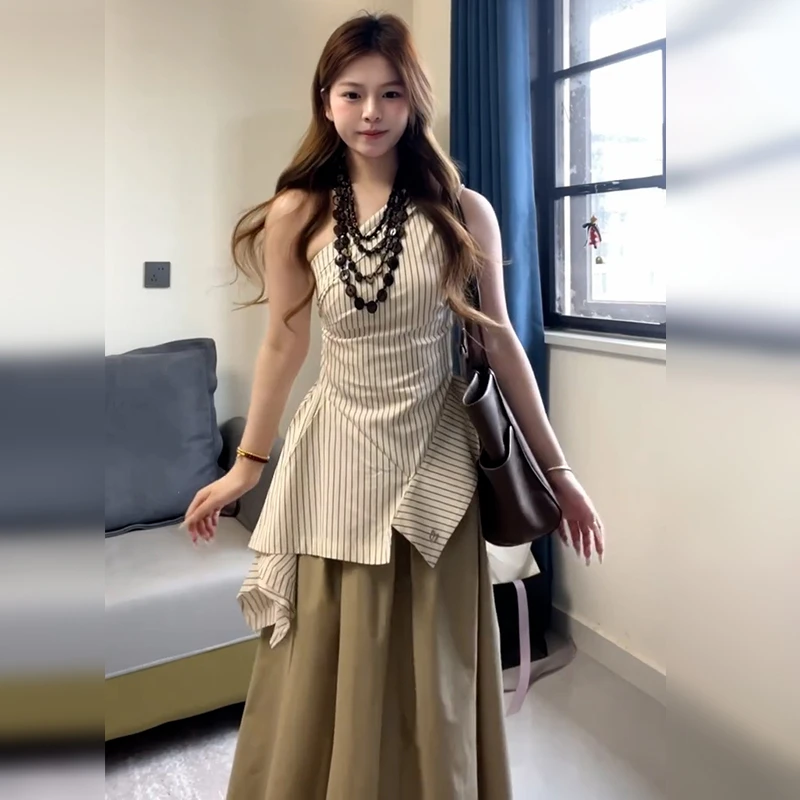 纯欲风白色斜领条纹t恤女夏季设计感不规则下摆修身收腰无袖上衣