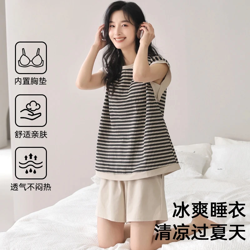 睡衣女款纯棉无袖情侣睡衣2025新款夏季带胸垫家居服套装背心短裤