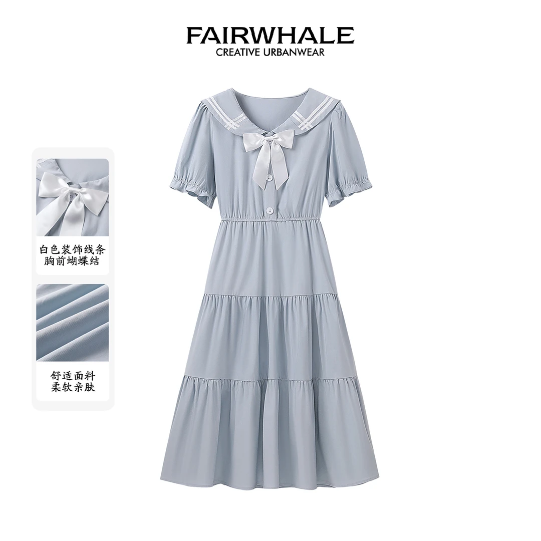 马克华菲女装时尚百搭蝴蝶结装饰泡泡袖收腰连衣裙 F52028A015