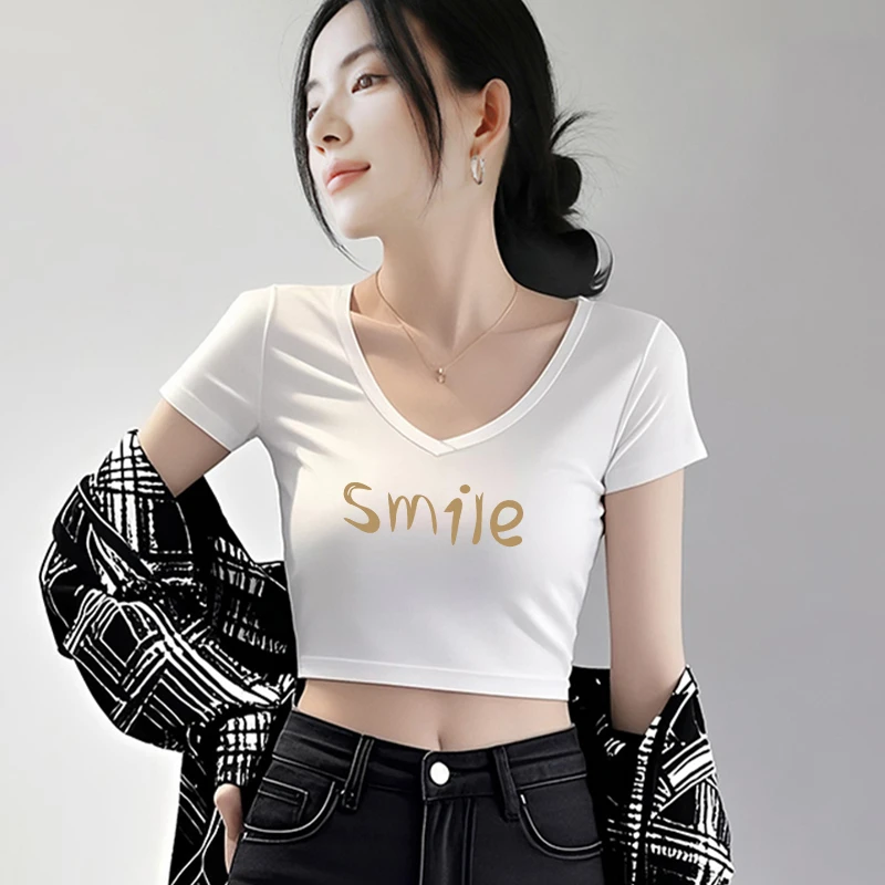 夏季2025新款白色v领短袖T恤洋气衣服女露脐短款高腰纯欲甜美可爱