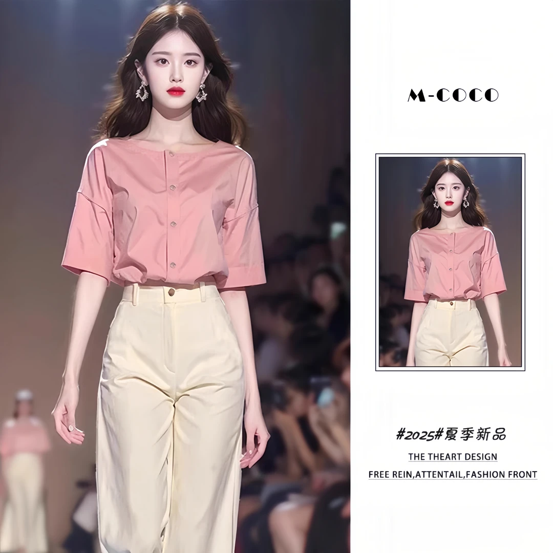 今年流行穿搭一整套2025超火洋气减龄短袖衬衫女搭配休闲裤两件套