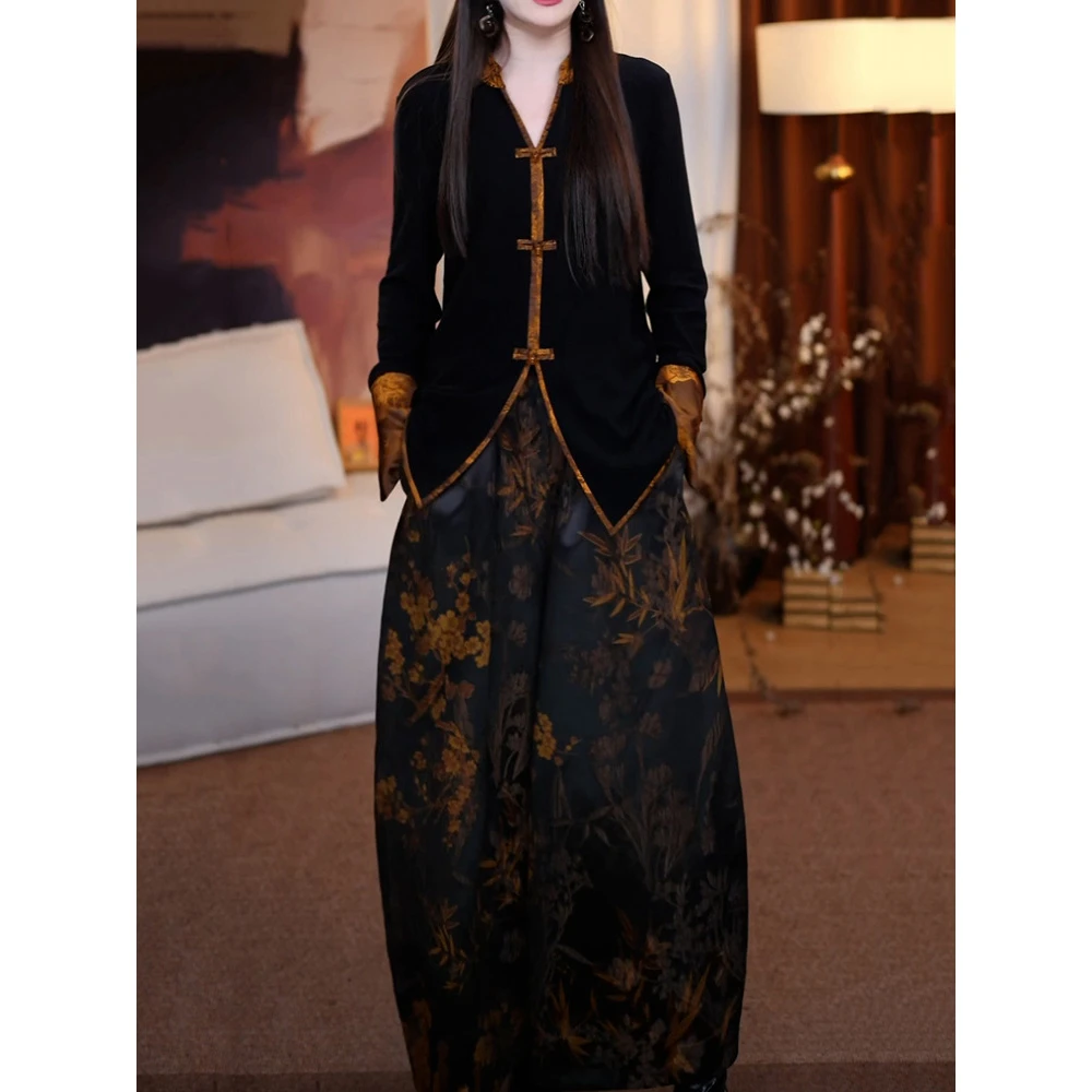 高级感轻奢新中式裤套装女2025冬季新款撞色拼接盘扣V领衬衫+裤子