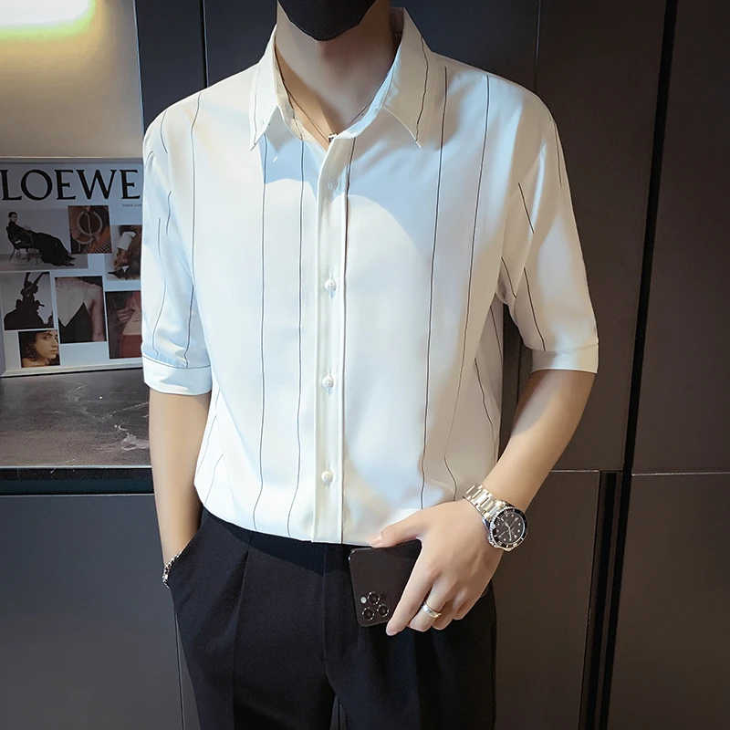追属轻奢五分中袖衬衫男士休闲条纹冰丝速干寸衫夏季简约短袖衬衣