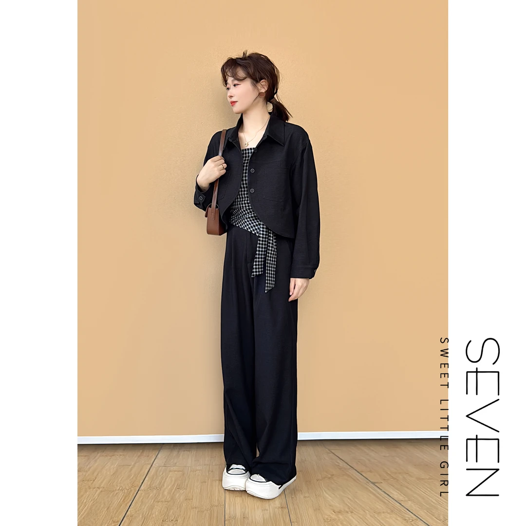 黑玉套装⑧七七146小个子早秋新款时髦裤子套装女牛仔三件套小美说