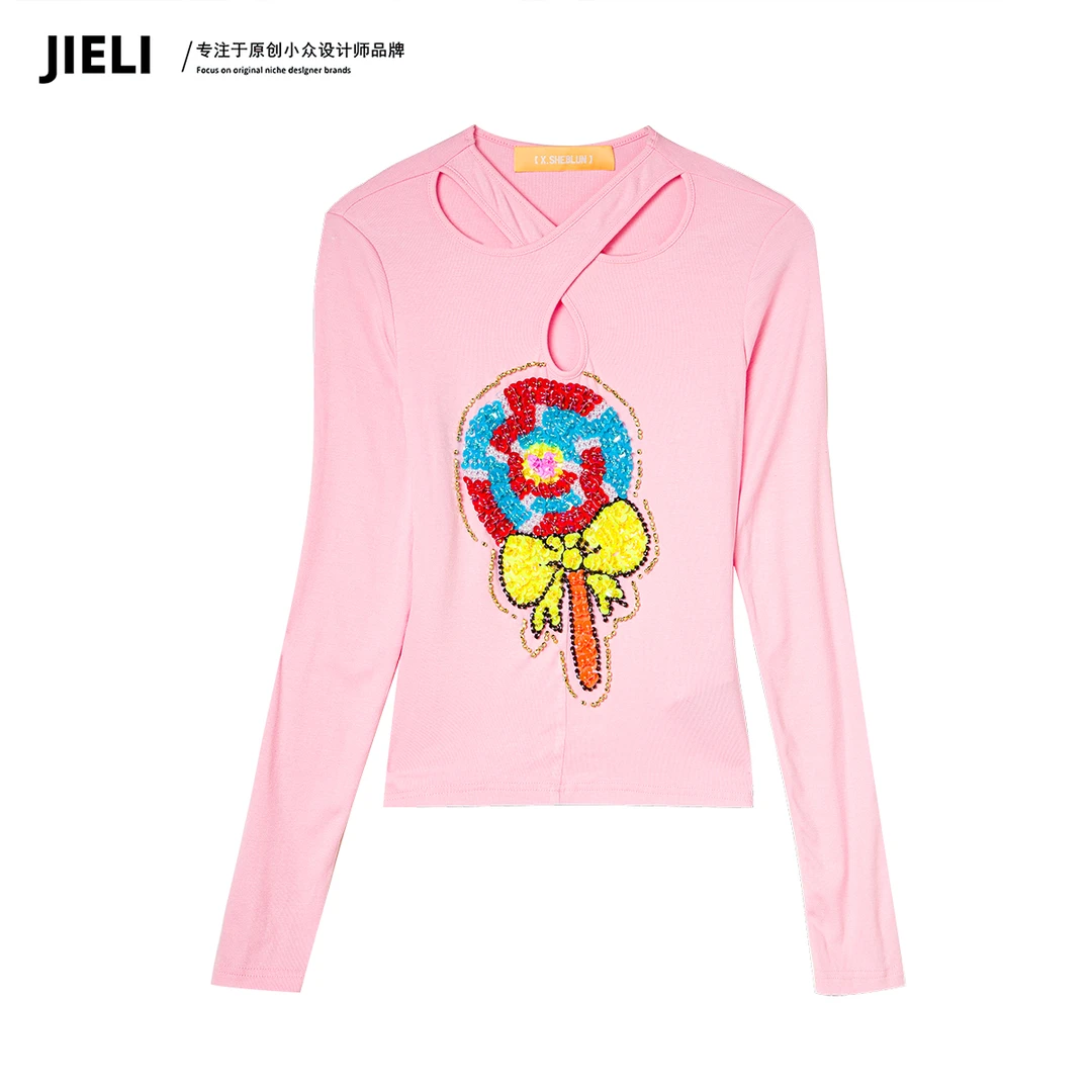 JIE LI/街力设计感小众减龄百搭显瘦长袖棒棒糖粉色打底女T7325