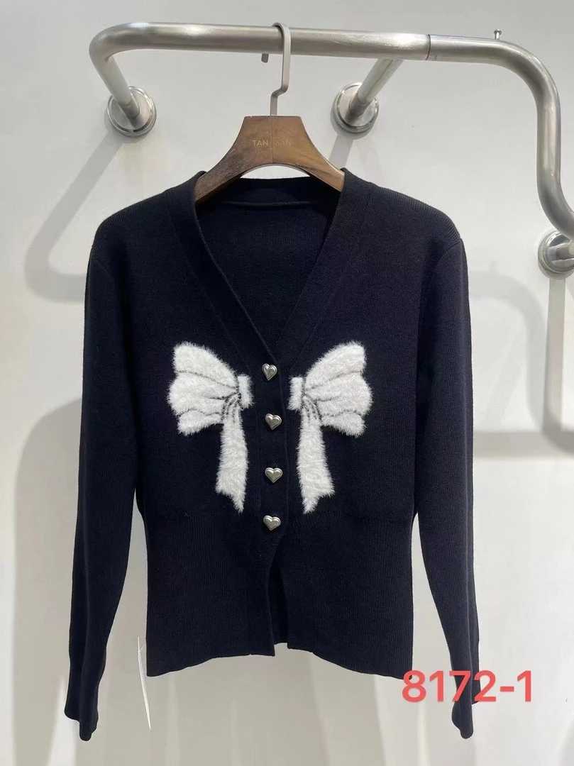 8172-1-195 百搭蝴蝶结V领针织开衫外套