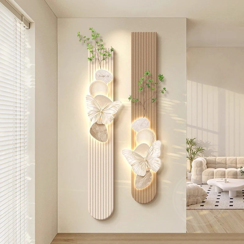 入户门正对墙蝴蝶玄关装饰画法式奶油风走廊过道挂画细长条壁灯画