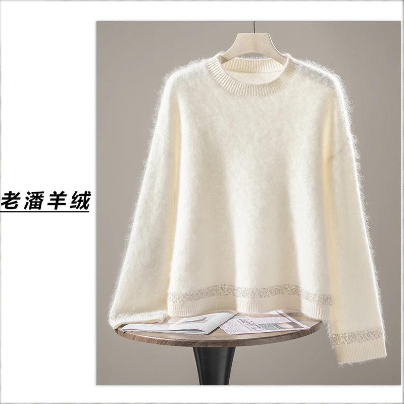 【夏夏】秋冬上新手工钉珠羊绒衫落肩袖韩版圆领提花Q5727