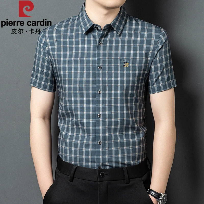 皮尔卡丹新款短袖衬衫男士夏季高端商务男装格子休闲衬衣中年轻奢