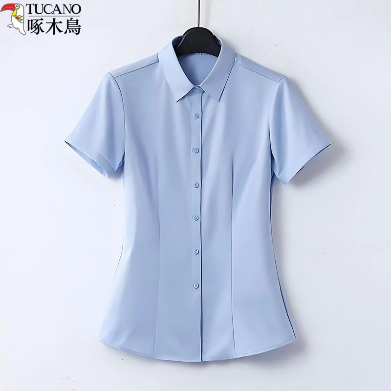 TUCANO/啄木鳥职业v领白色短袖衬衫新款工作服面试纯色修身女