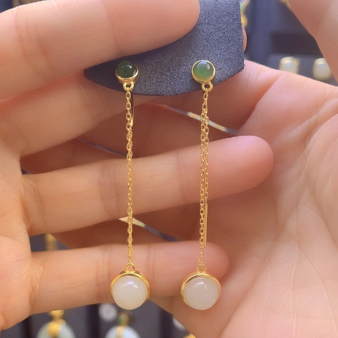 和田玉耳饰银S925镀金镶嵌