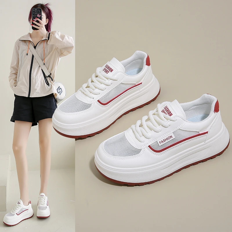 2夏季新款厚底面包鞋休闲百搭系带韩版女鞋网面增高板鞋女鞋爆款