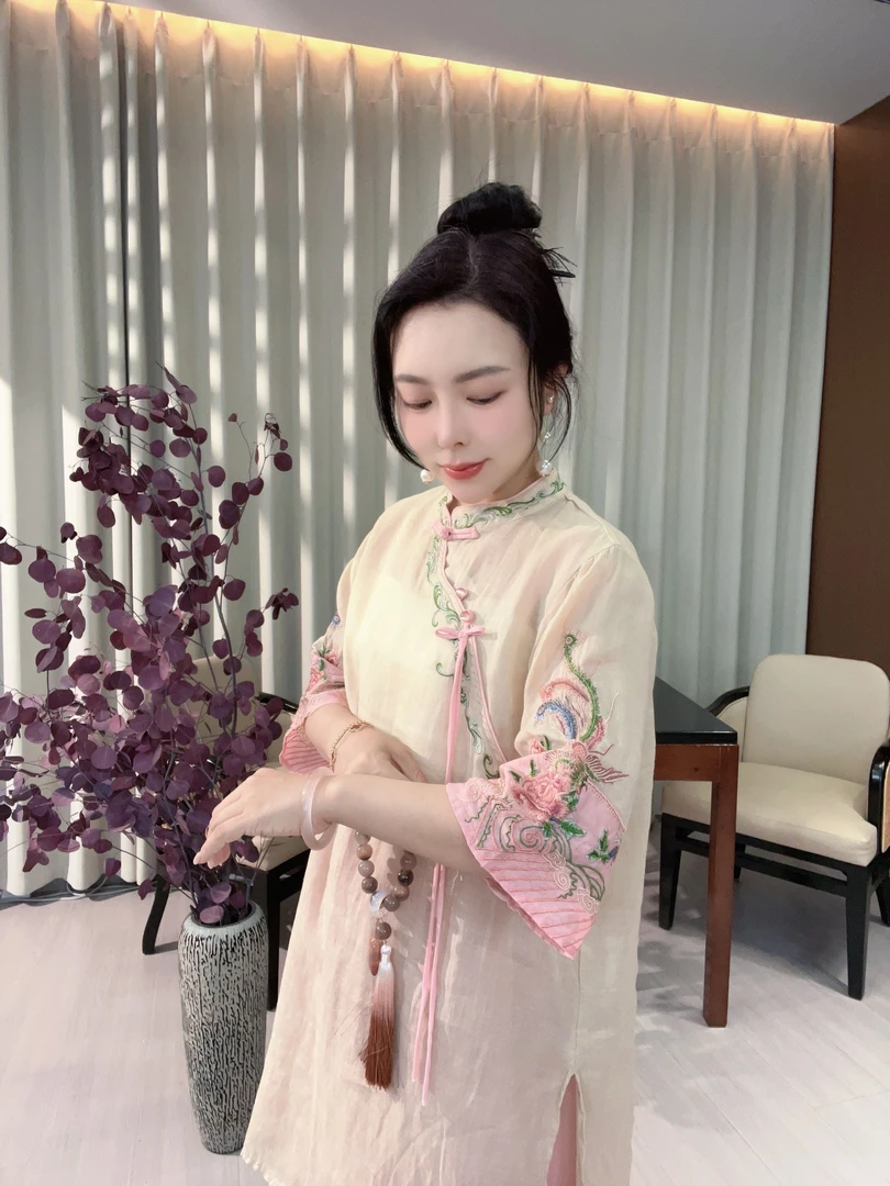 易文 ·YW 【碧落轻纱】蝴蝶刺绣新中式国风复古百搭气质中袍斜襟