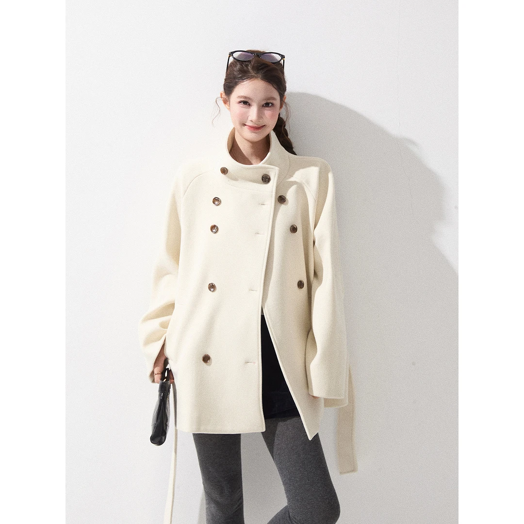 谢不肉 双排扣立领气质毛呢外套女秋冬季宽松显瘦中长款大衣50888