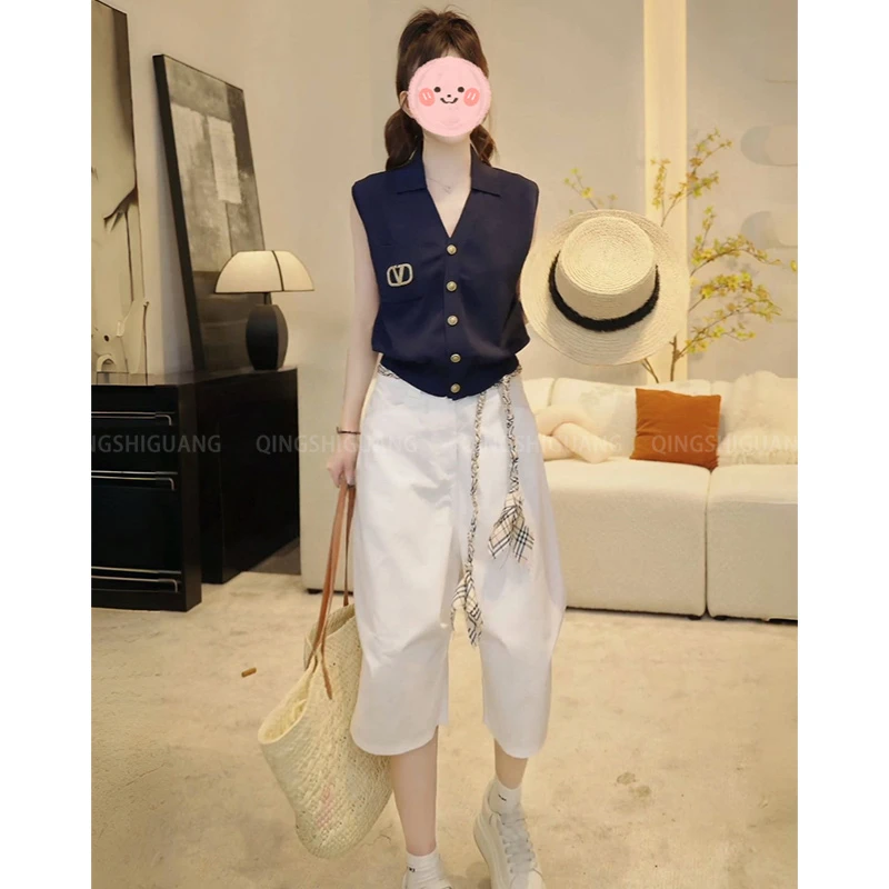 2025夏季设计师轻奢小香风针织马甲背心显瘦百搭七分休闲裤套装女
