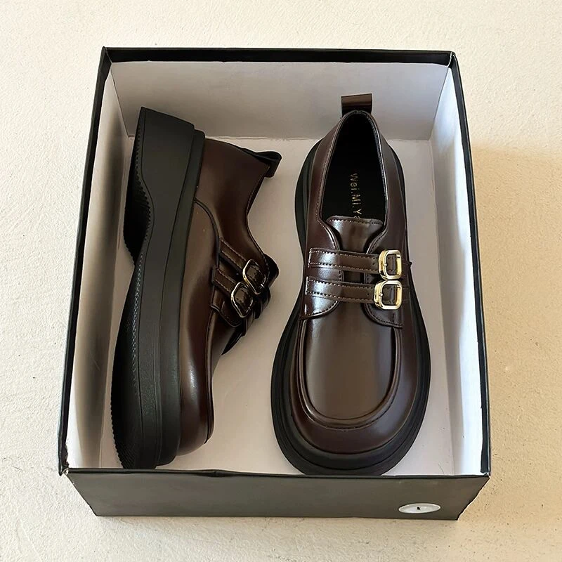 厚底增高真皮小皮鞋女2025秋冬新款黑色单鞋厚底百搭一脚蹬乐福鞋