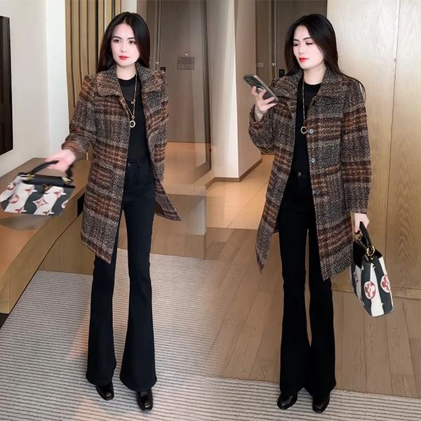 复古格子毛呢外套女士中长款2025年秋冬季新款时尚显瘦百搭呢大衣