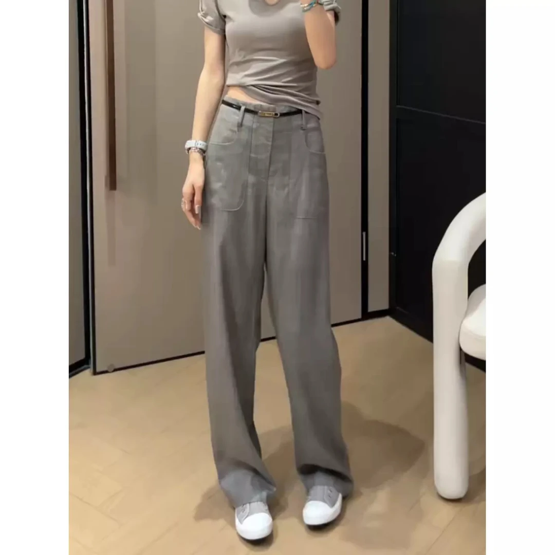 Aimeerosa/艾洛莎宽松显瘦拖地裤高腰薄款时髦百搭窄版直筒休闲裤