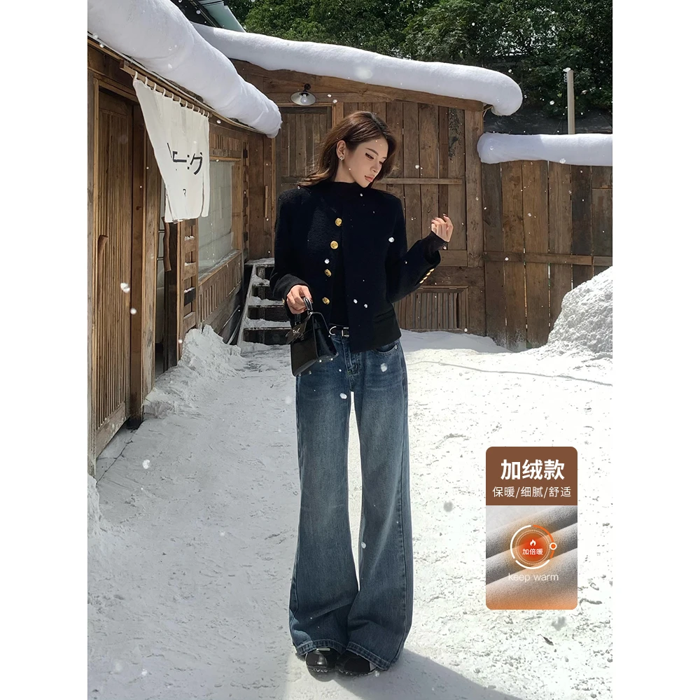 血色樱桃加绒阔腿女复古2025新款直筒保暖秋冬服装牛仔裤子女穿搭