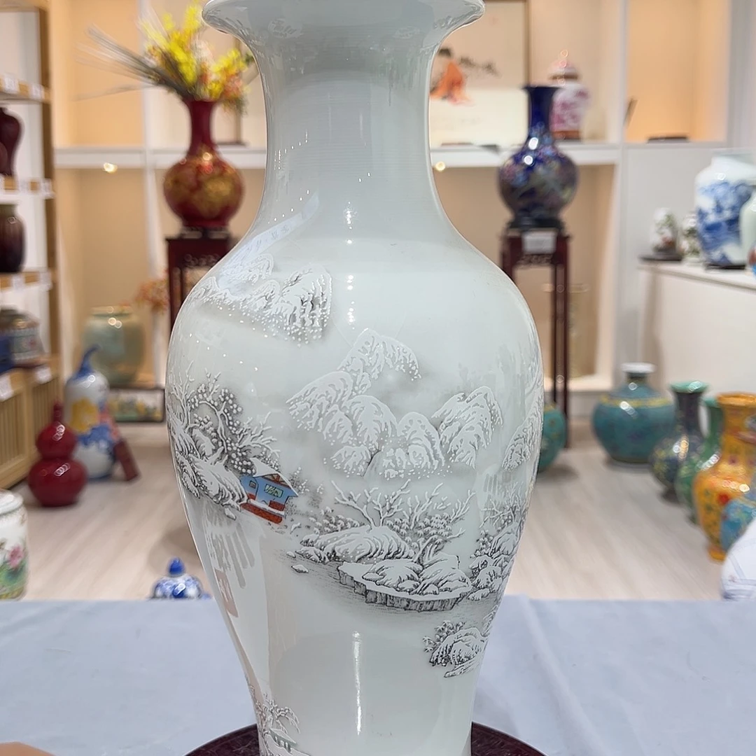 陶摆件36cm溪山访友雪景鱼尾瓶