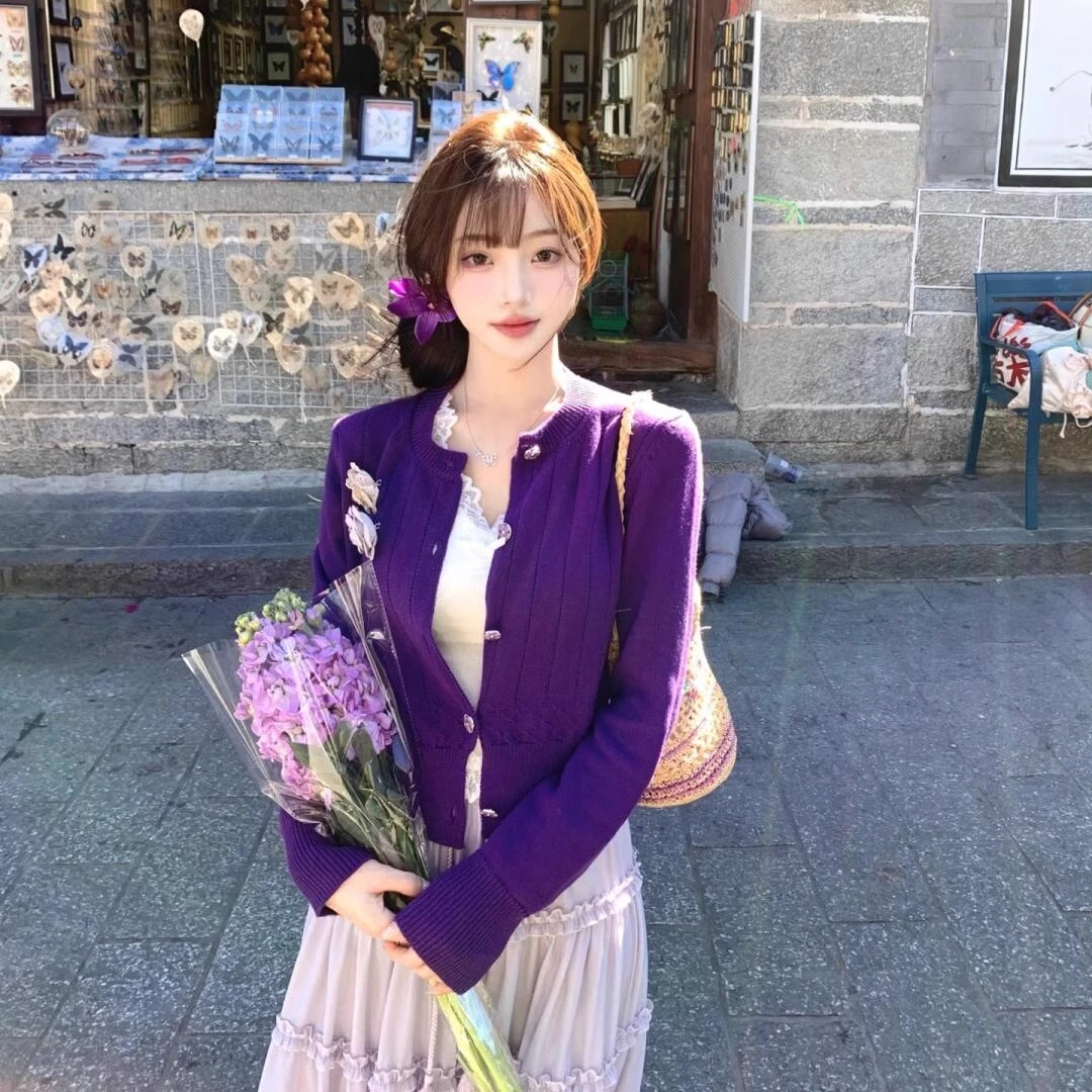 紫色高级感开春穿搭套装女设计感独特洋气针织开衫半身裙两件套