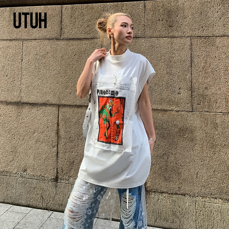 UTUH 可拆卸白色印花落肩T恤女小飞袖上衣 TUWFR2T097