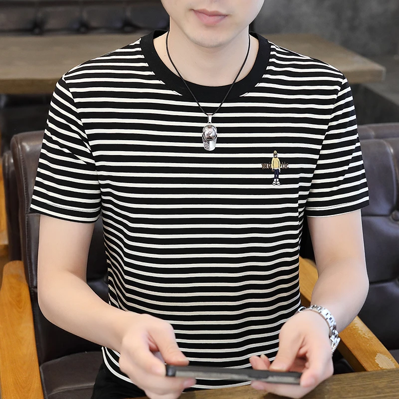 2025夏季新款圆领条纹棉短袖t恤男士潮流帅气体恤衫修身半袖上衣