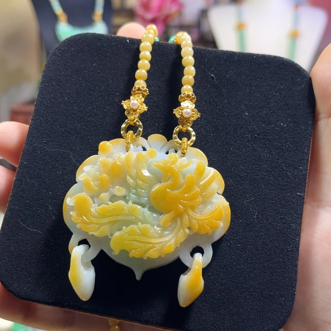 翡翠未镶嵌毛衣链黄翡翠凤凰牡丹