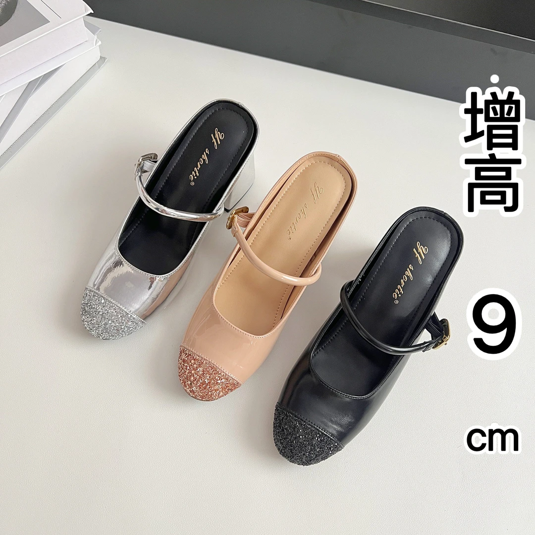 粗跟亮片拼色秋季时尚女低跟圆头半拖鞋高跟鞋圆头一字带增高鞋子