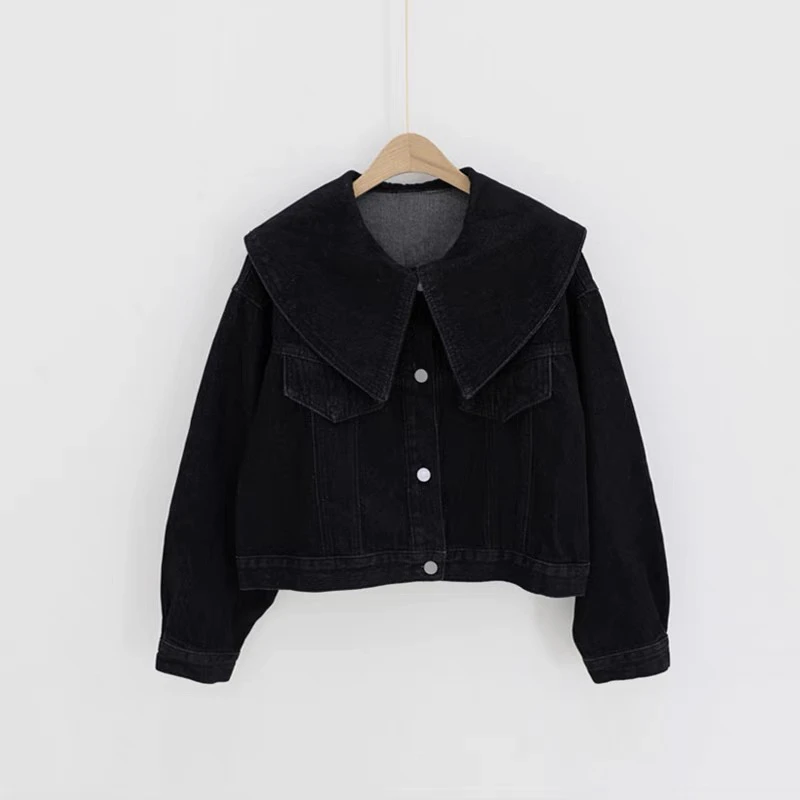 WTT-6060 春秋季新款休闲落肩宽松大翻领短款牛仔外套女