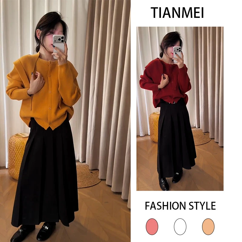 2025秋冬季新款设计感时尚针织单排扣开衫女搭配休闲半身裙两件套