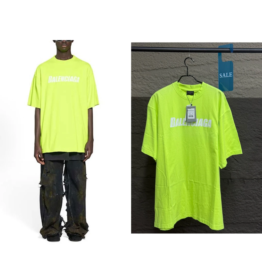 未使用 Balenciaga/巴黎世家 破洞字母做旧短袖宽松版情侣荧光黄