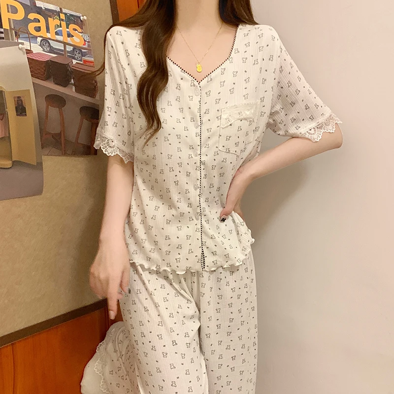 短袖长裤睡衣女夏季2025新款韩版甜美可爱小熊带胸垫家居服两件套