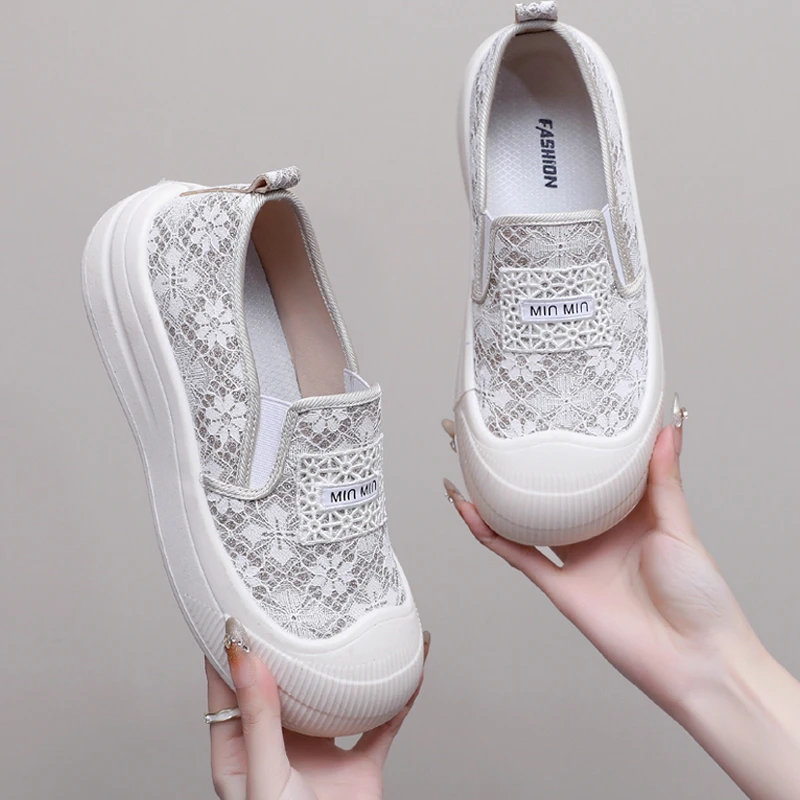 女士休闲鞋松糕厚底透气时尚百搭春夏季韩版蕾丝一脚蹬懒人鞋子女