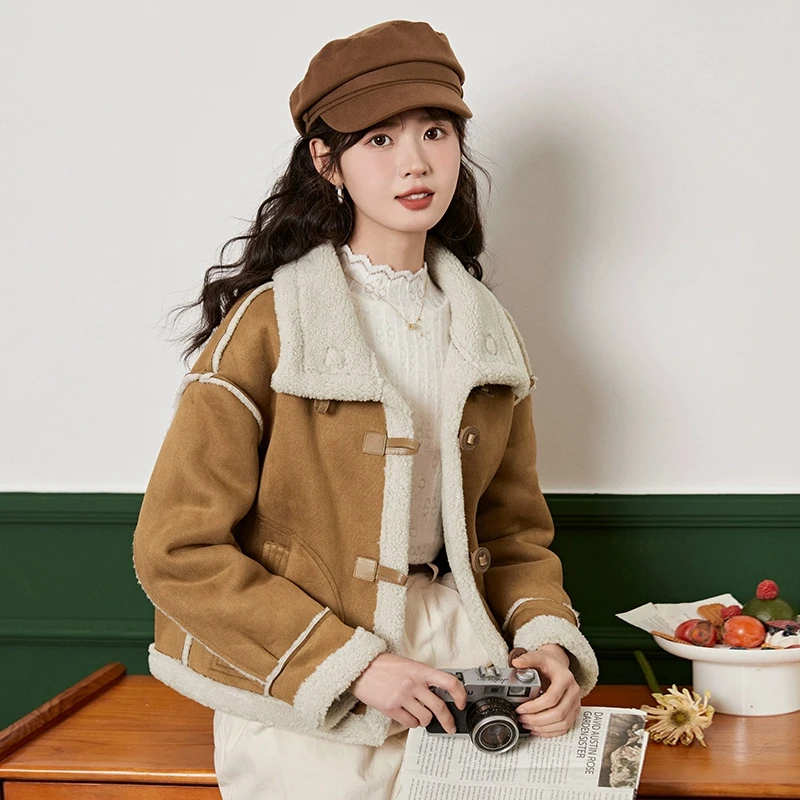 禾许加绒加厚仿麂皮短款外套女2024冬季新款复古皮毛一体夹克上衣