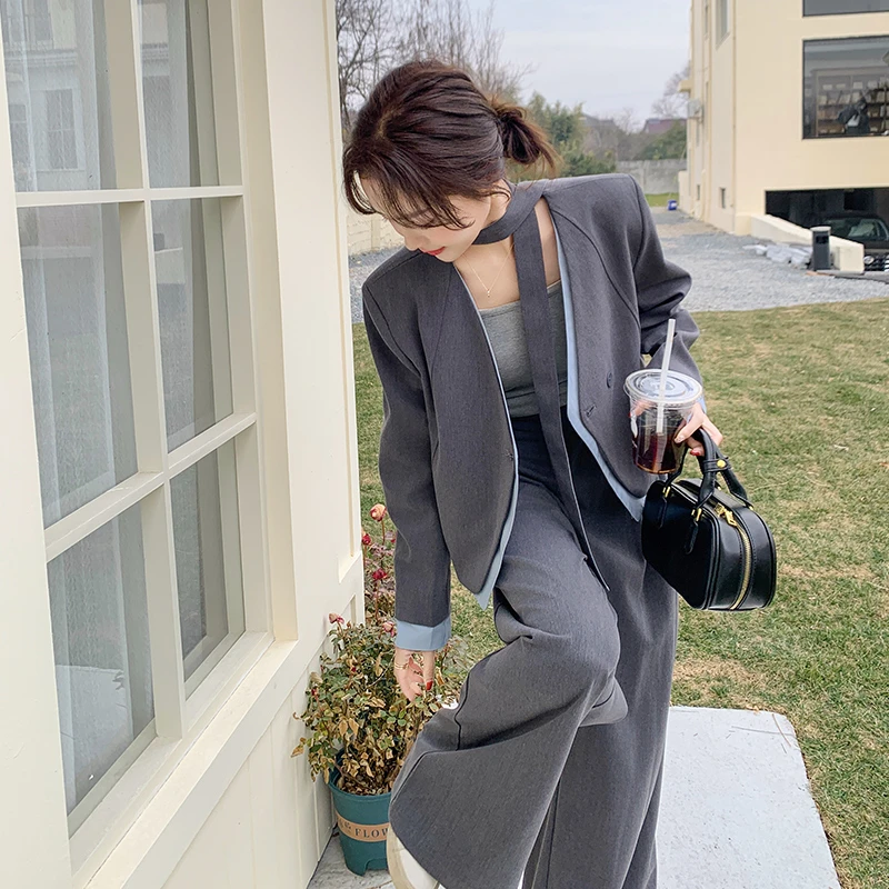 灰色韩系飘带西装气质套装女2025春秋季高级感宽松显瘦ootd两件套