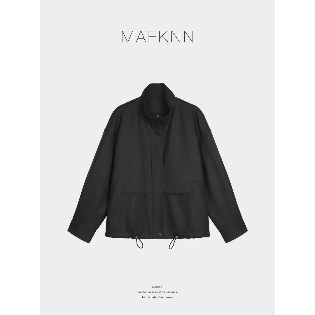 MAFKNN/玛肯时尚休闲简约纯色百搭抽绳拉链外套MK13058