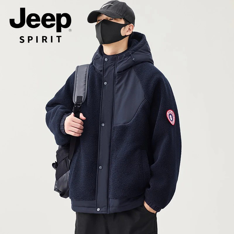 JEEPSPIRIT吉普羊羔绒夹棉外套男摇粒绒加厚棉衣冬装连帽二棉夹克