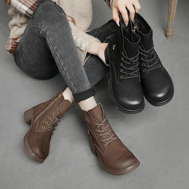 复古牛皮百搭马丁靴女2025秋冬款英伦风厚底短靴美拉德棕色骑士靴