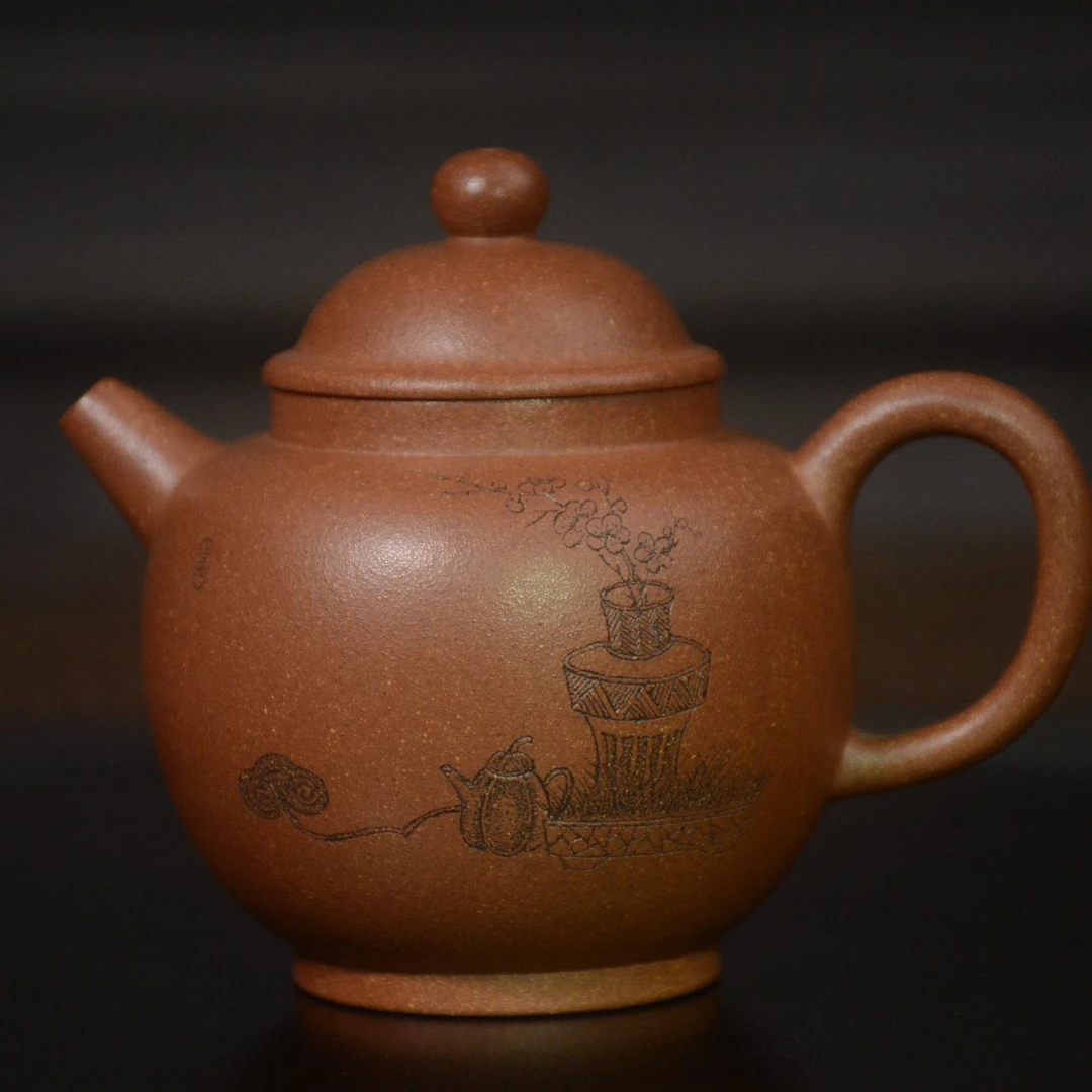 圆珠纯手工刻绘原矿桃花泥制作容量220cc茶壶