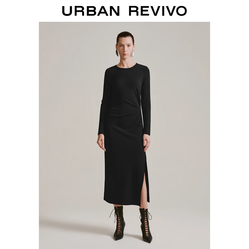 UR2026春季新款女装气质褶皱开衩圆领长袖连衣裙UWM750140