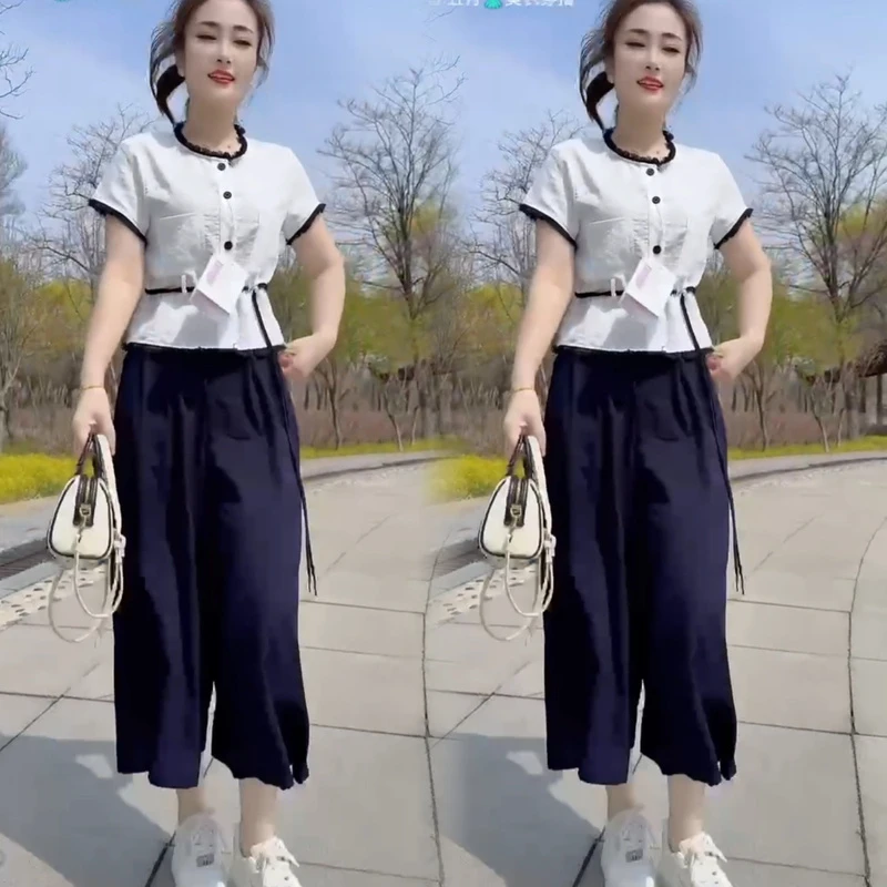 2025夏季香风短袖阔腿裤上衣套装时尚新款高级时尚两件套网红同款