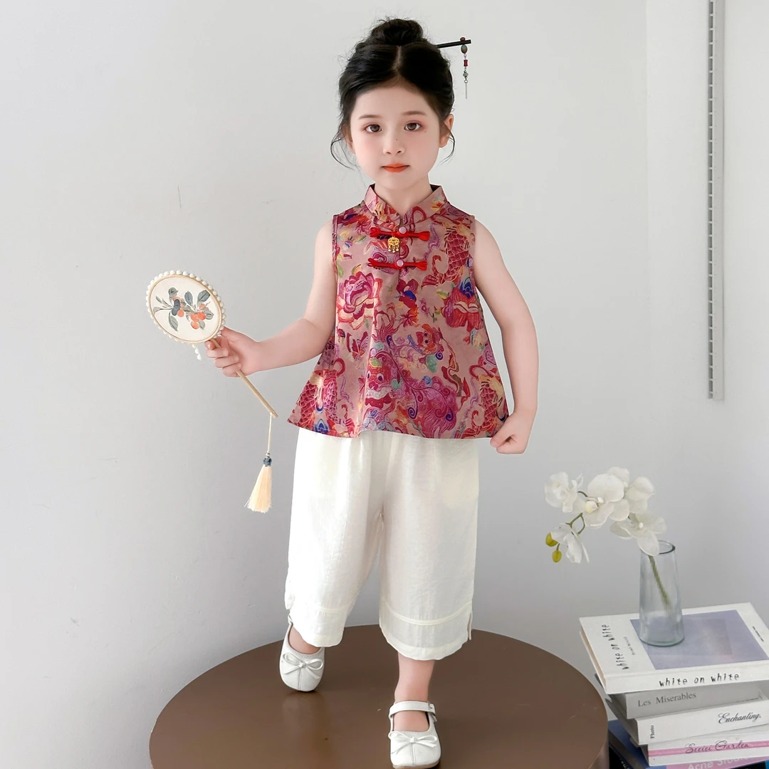 女童新中式套装2025新款儿童洋气夏季无袖薄款小女孩国风阔腿裤子