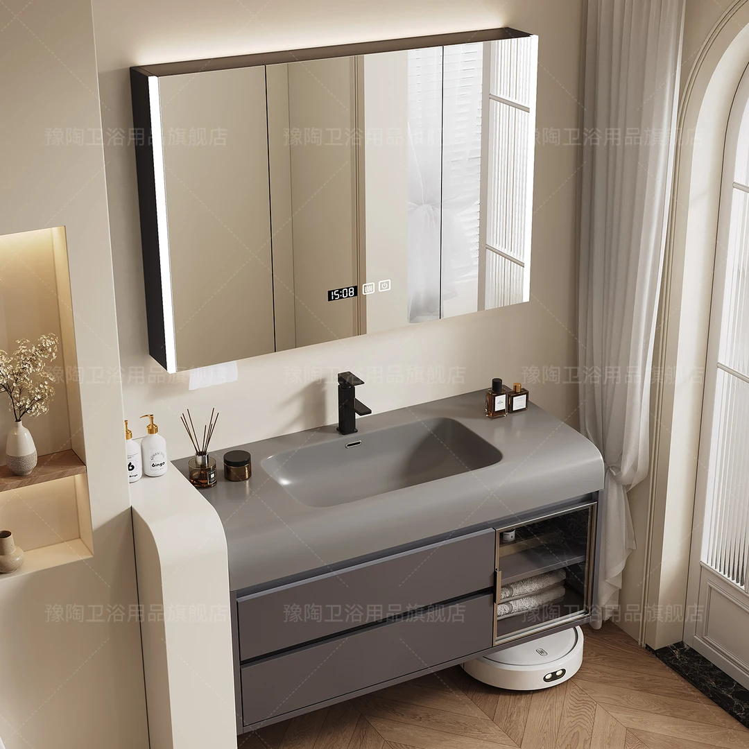 酒店风圆角可丽耐一体盆浴室柜多功能收纳智能镜柜洗手台盆柜组合