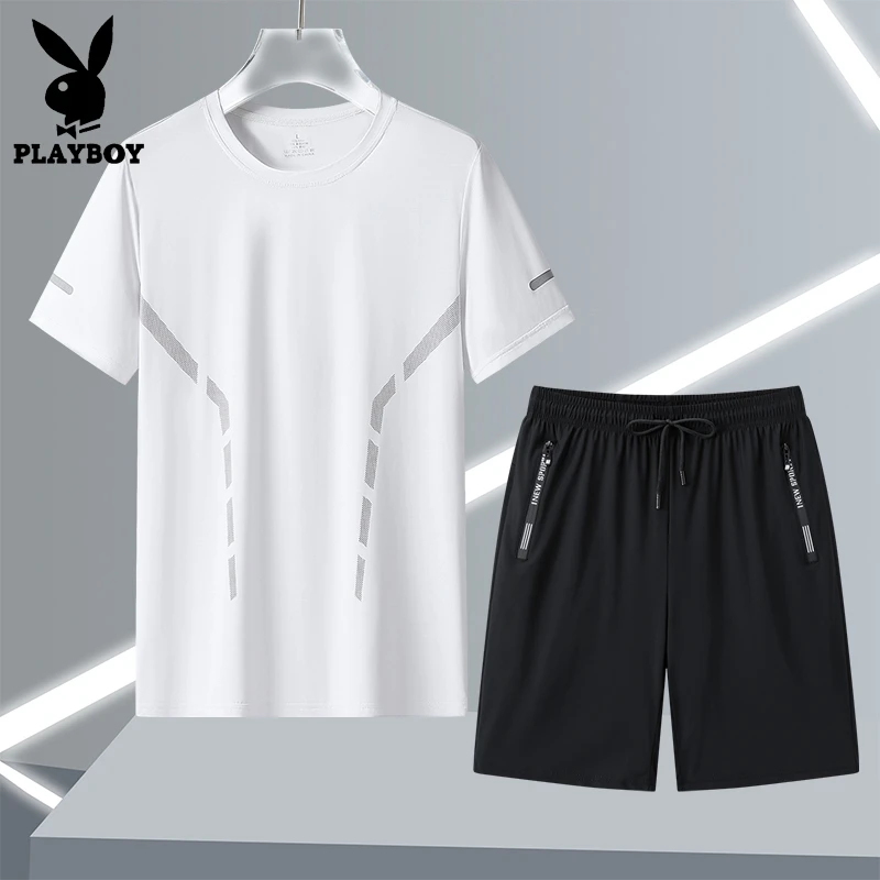 花花公子运动套装男夏季男士男款运动服夏装速干冰丝短袖t恤短裤