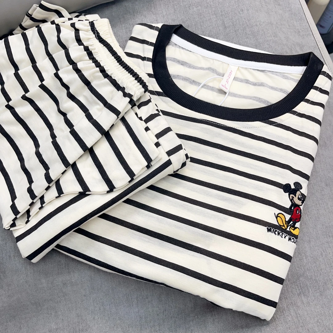 【R550】夏款套头条老鼠头短袖短裤+长裤三件套+胸垫【套头款】